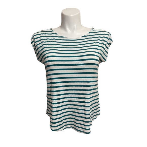 Green Envelope Women's‎ Los Angeles Teal Striped T-Shirt Hi-Low Hem L-Nautical - Picture 1 of 8